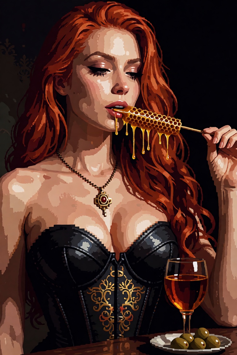 The image depicts a woman with long,  flowing red hair,  wearing a black leather corset with intricate gold detailing. She...