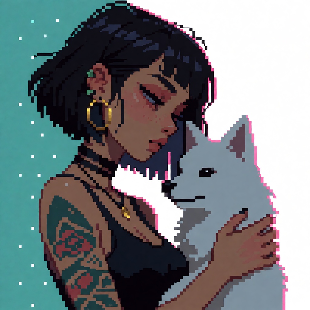 The image depicts a young woman with short,  dark hair and large hoop earrings. She has a tattoo on her right arm,  which...