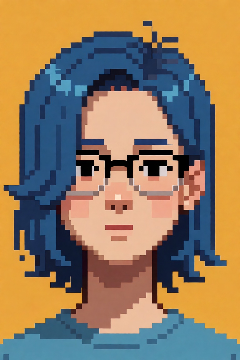 The image depicts a pixel art-style character with distinct features. The character has blue hair,  which is styled in wav...