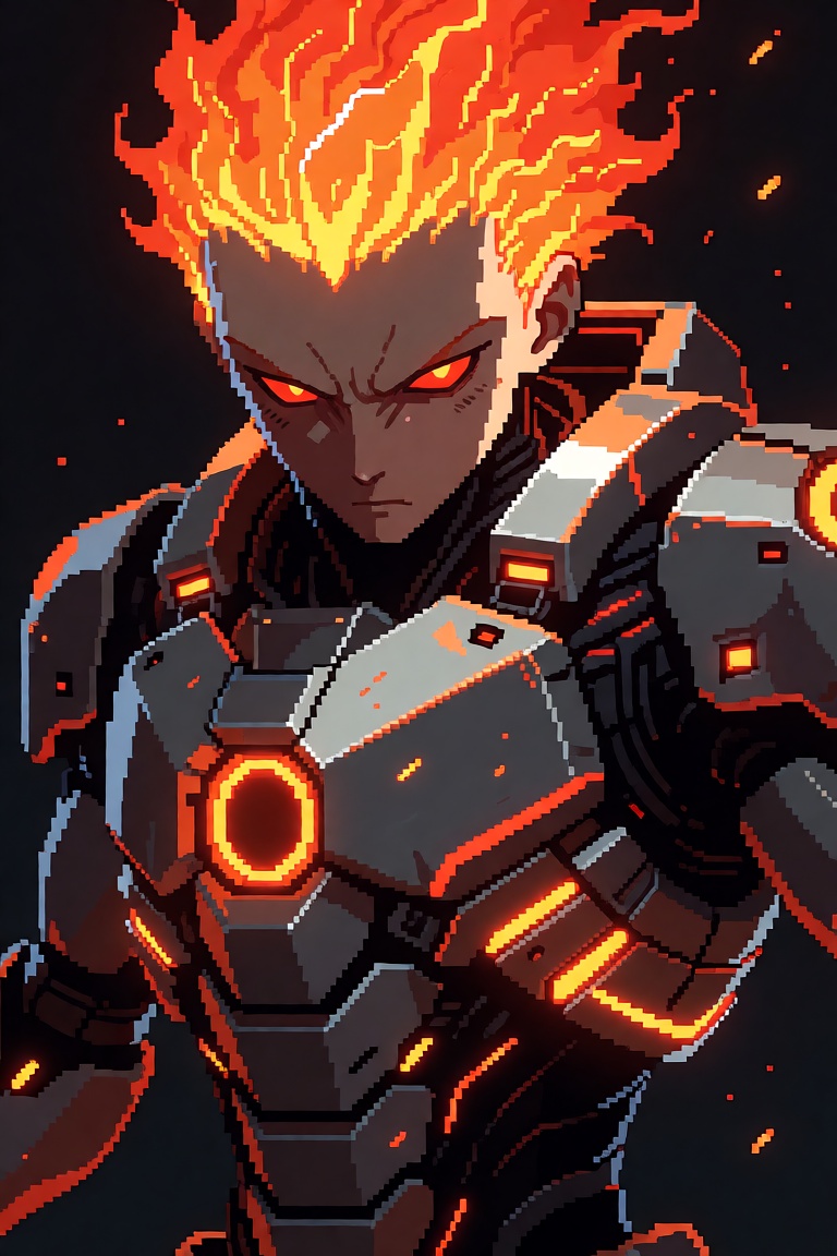The image depicts a highly detailed and dynamic illustration of a character in a futuristic armored suit. The character ha...