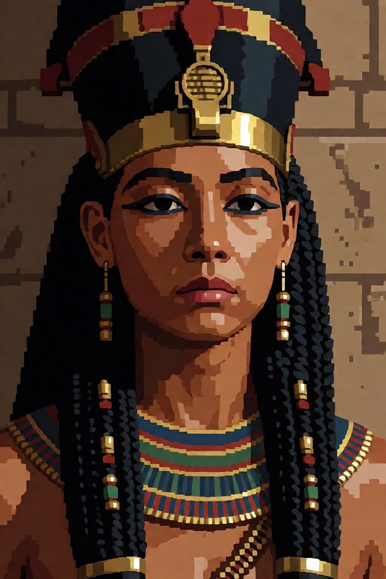The image depicts a pixel art-style character dressed in elaborate ancient Egyptian attire. The character has long,  black...
