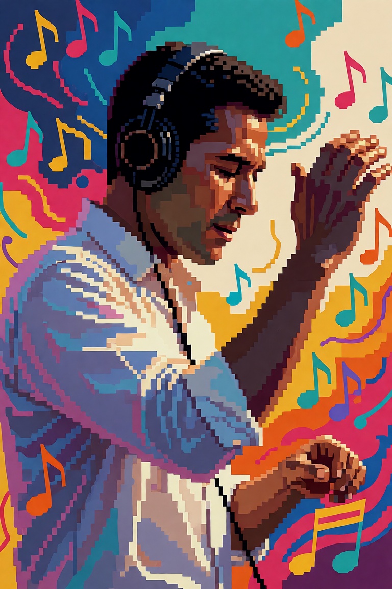 The image depicts a man wearing headphones and a white shirt,  with his right arm raised as if he is playing a musical ins...