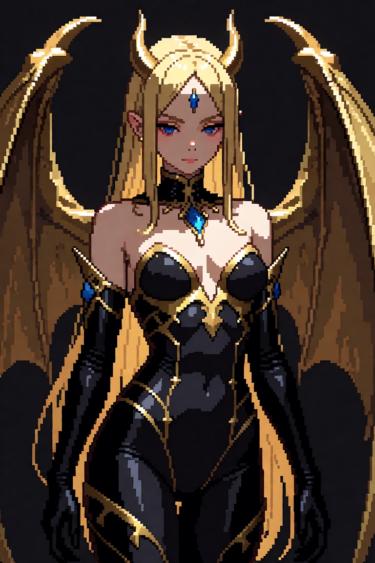The image depicts a highly detailed and stylized character with a striking appearance. The character has long blonde hair...