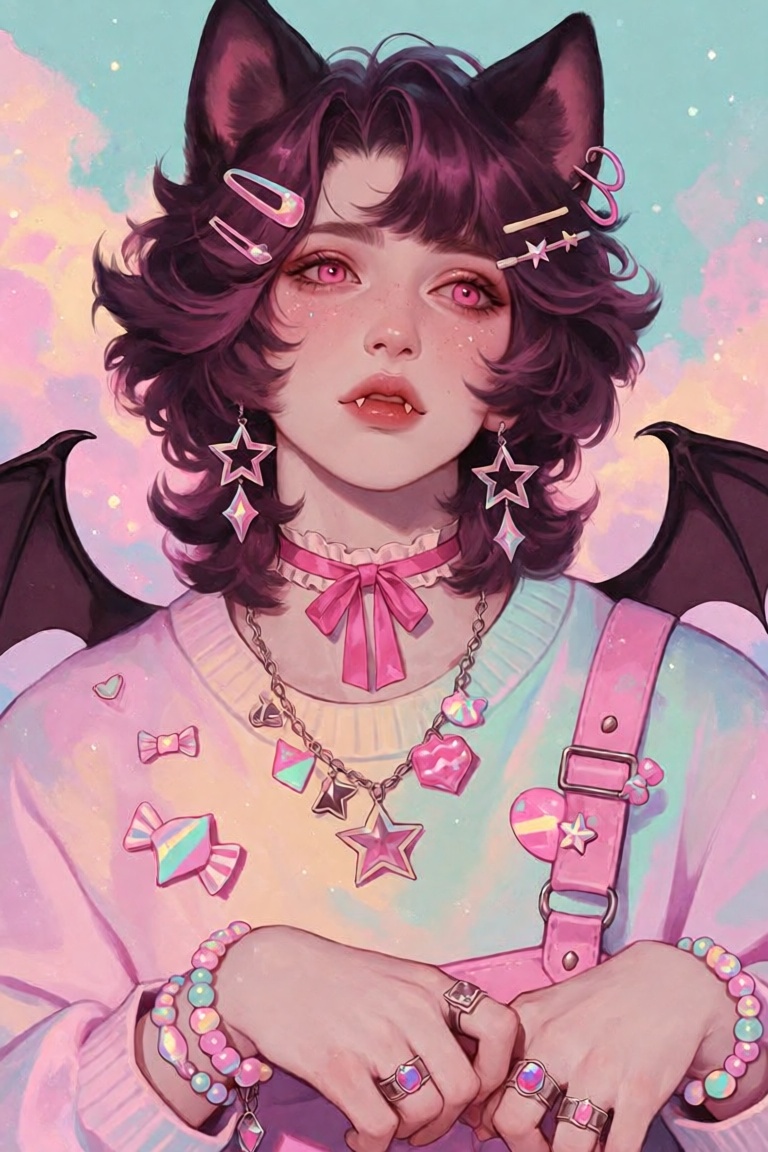 Create a pastel dreamcore background where a solo male character stands,  focusing on him as the main subject. He has kemo...