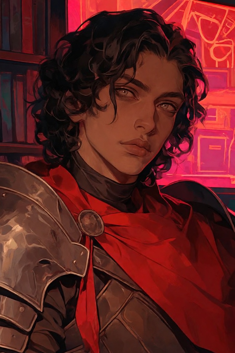 The image depicts a character with dark,  curly hair partially covered by a red cloth. The character is wearing a metallic...