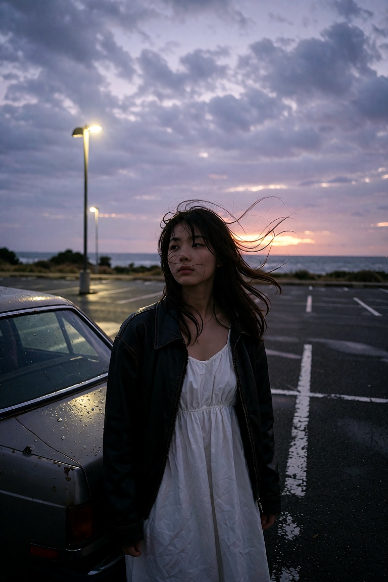 A distant cinematic portrait of a Japanese Instagram-style model standing beside an old car in a nearly empty seaside park...