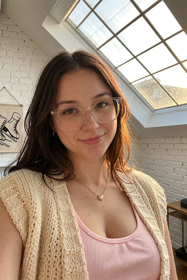 A woman with shoulder-length brown hair and wearing clear-framed glasses,  looks directly at the camera with a gentle,  cl...