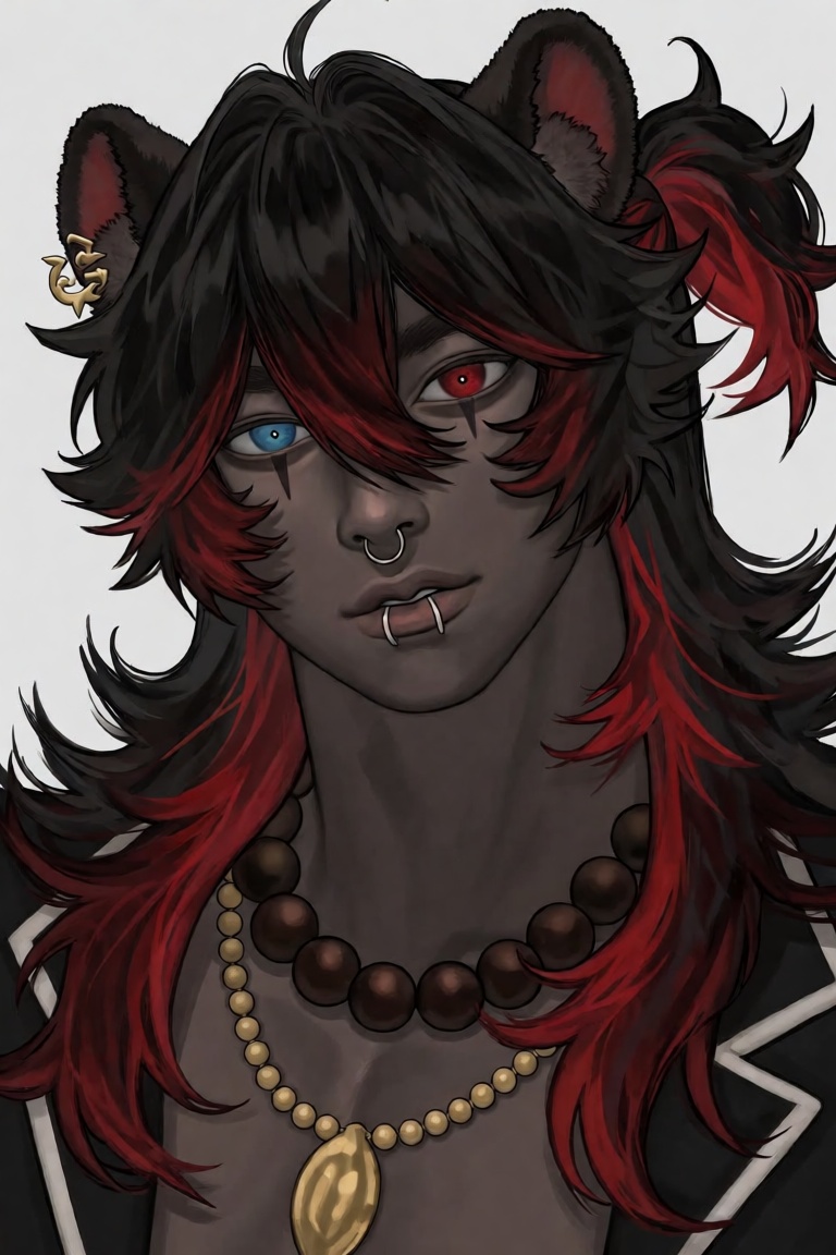 @KANGCONO,  Create a portrait of a dark-skinned male lion boy with black long multicolored red hair and blue eyes,  featur...