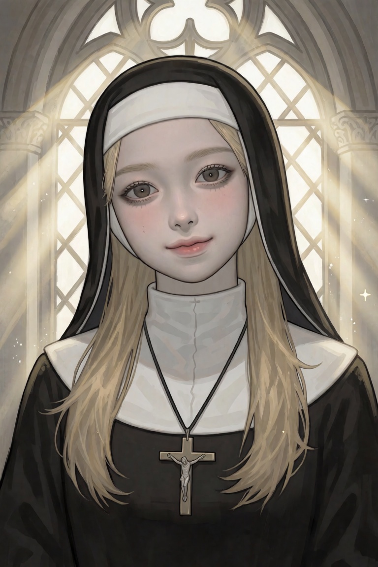 @KANGCONO,  A fair-skinned young woman with long,  straight blonde hair and a serene expression is centered in a close-up...