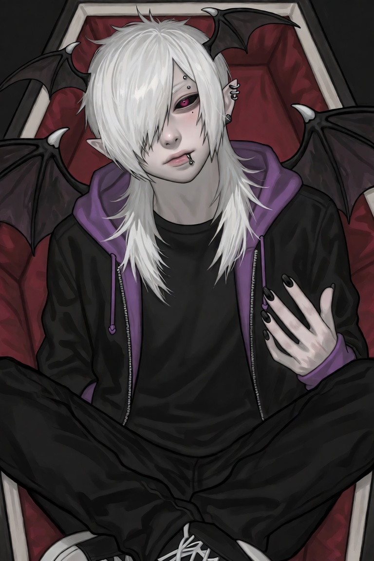 a half-body image of a 1boy with bat wings,  black nails,  ear piercing on Tensor.Art