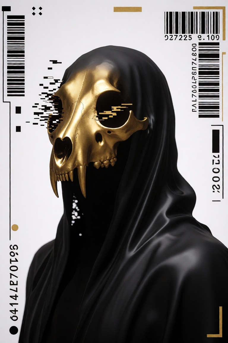 abstract illustration. A silhouette covered with a layer of flowing black oil wearing a golden mask resembling an animal's...