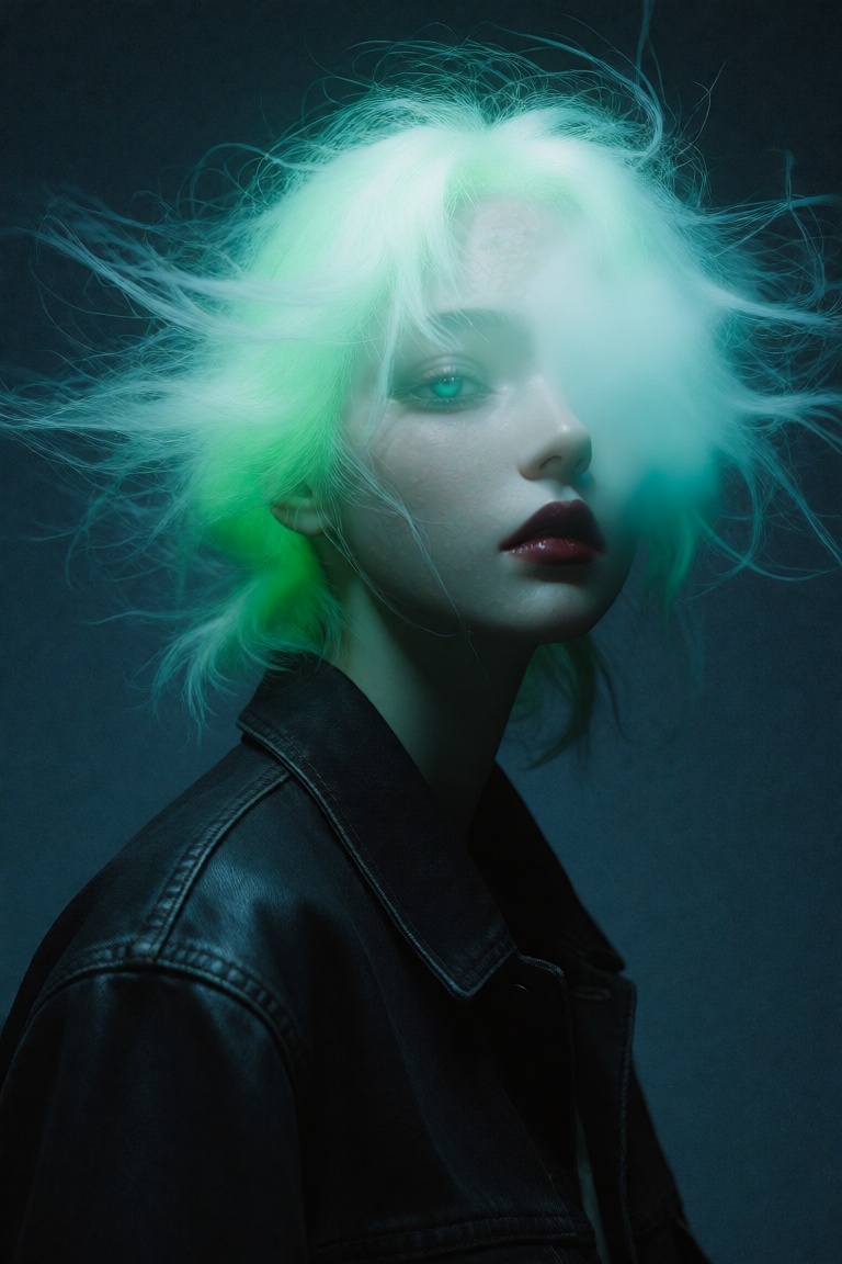 A hauntingly beautiful,  high-contrast artistic portrait of a mysterious young woman,  captured in a three-quarter profile...