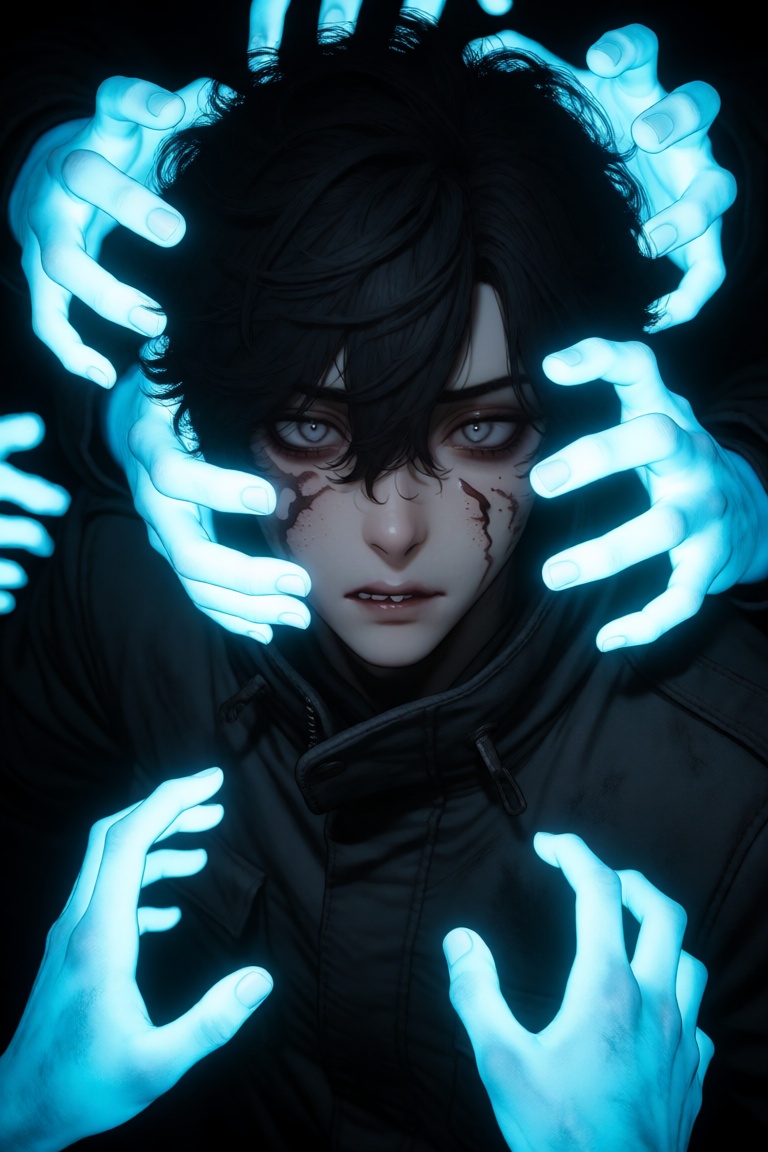 A claustrophobic,  high-angle medium close-up of an intensely terrified young man overwhelmed by a chaotic swarm of reachi...