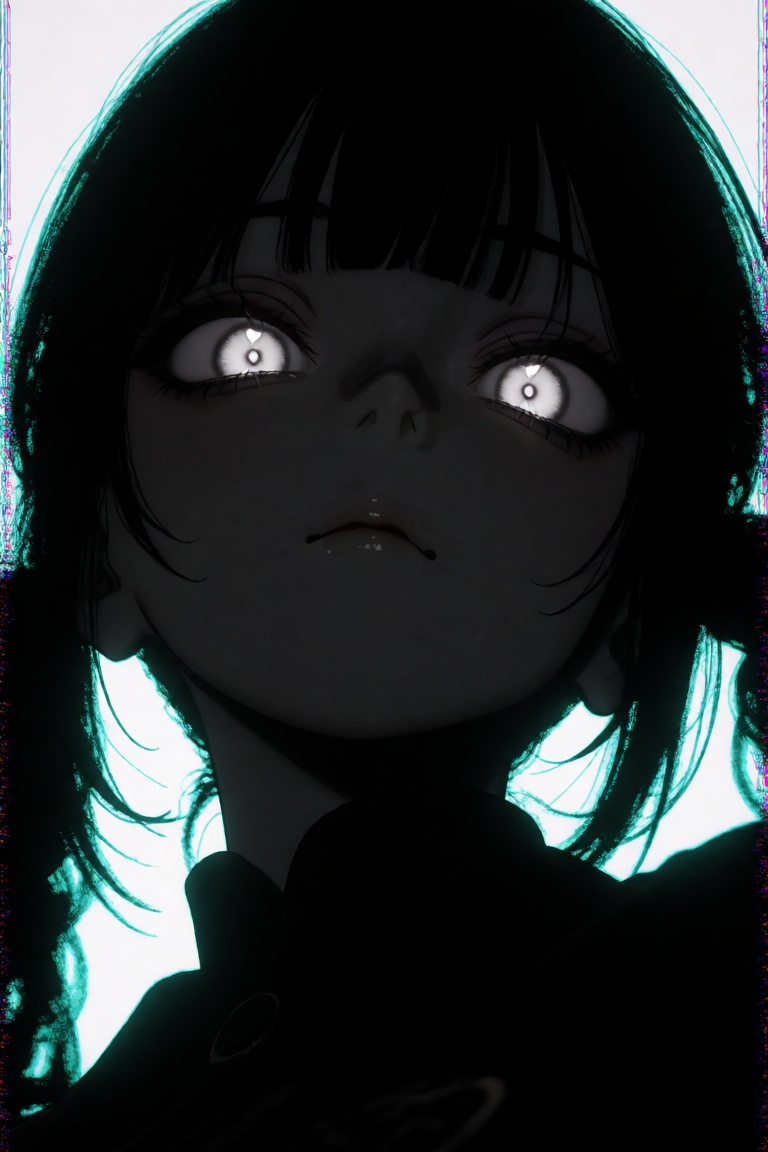 A stark low-angle close-up of a dark anime figure looking directly forward with wide,  glowing white eye reflections,  cap...