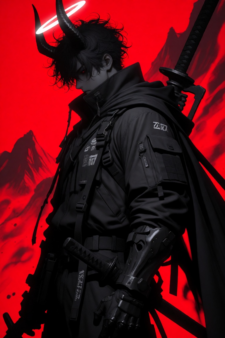A striking,  high-contrast medium waist-up portrait of a brooding demonic male warrior viewed in a three-quarter profile f...