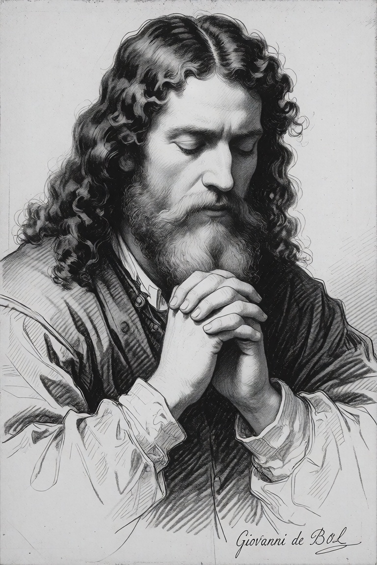 pencil sketch of The image depicts a detailed black-and-white sketch of a man with long,  curly hair and a full beard. He...