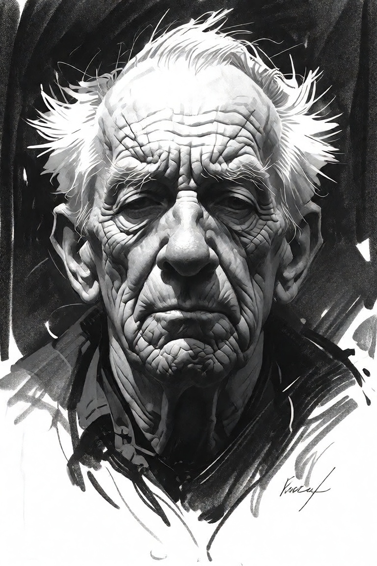 black and white charcoal pencil sketch,  drawing of,  A weathered elder of forgotten ages on Tensor.Art