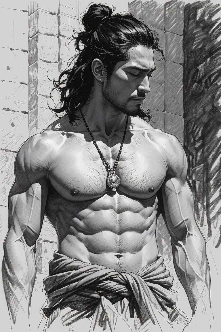 black-and-white charcoal pencil sketch of The image depicts a muscular man with long,  dark hair styled in a bun,  wearing...