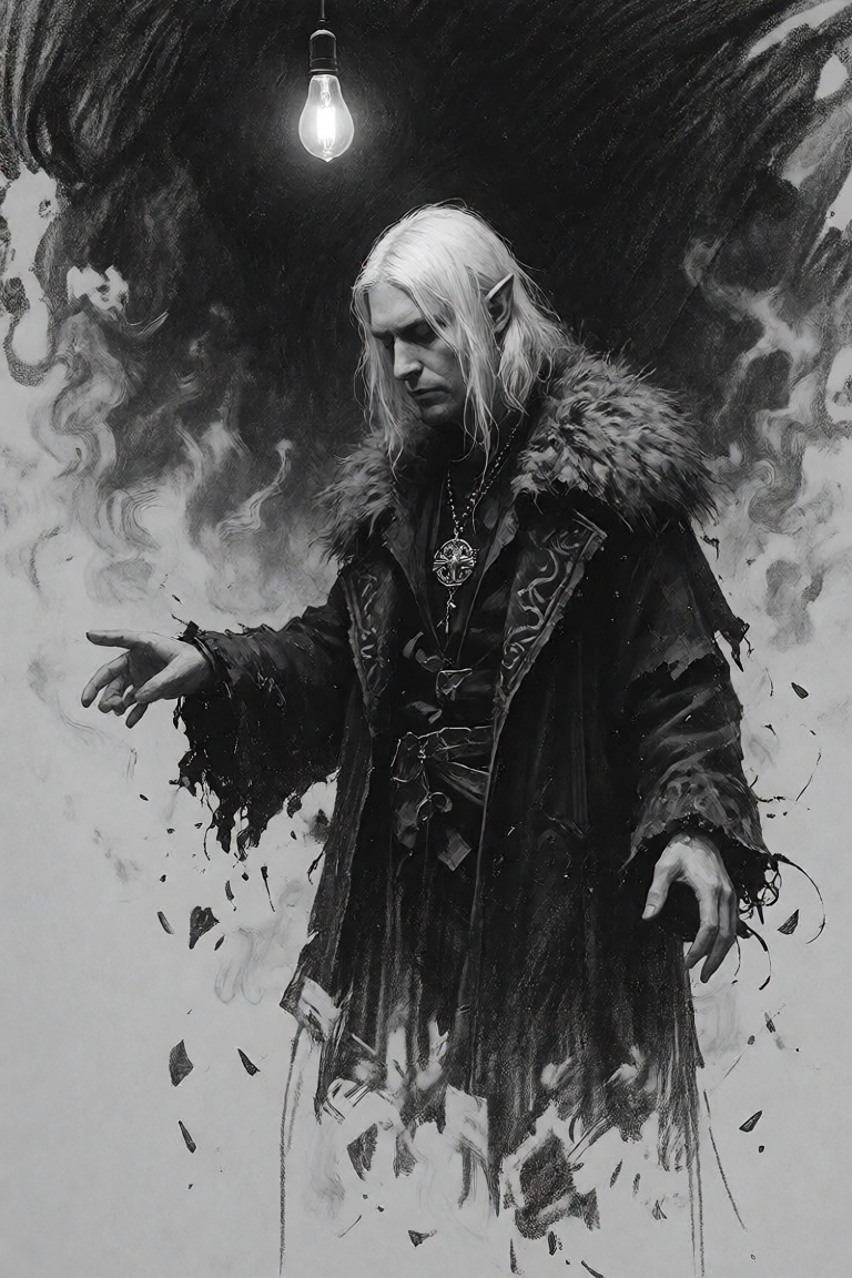 black-and-white charcoal pencil sketch of The image depicts a figure with long,  white hair and pointed ears,  dressed in...