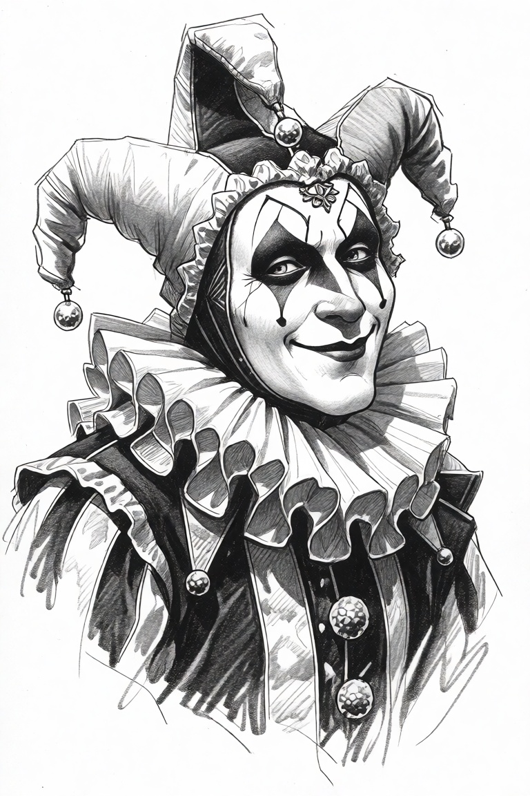 black-and-white charcoal pencil sketch,  drawing of,  a jester on Tensor.Art
