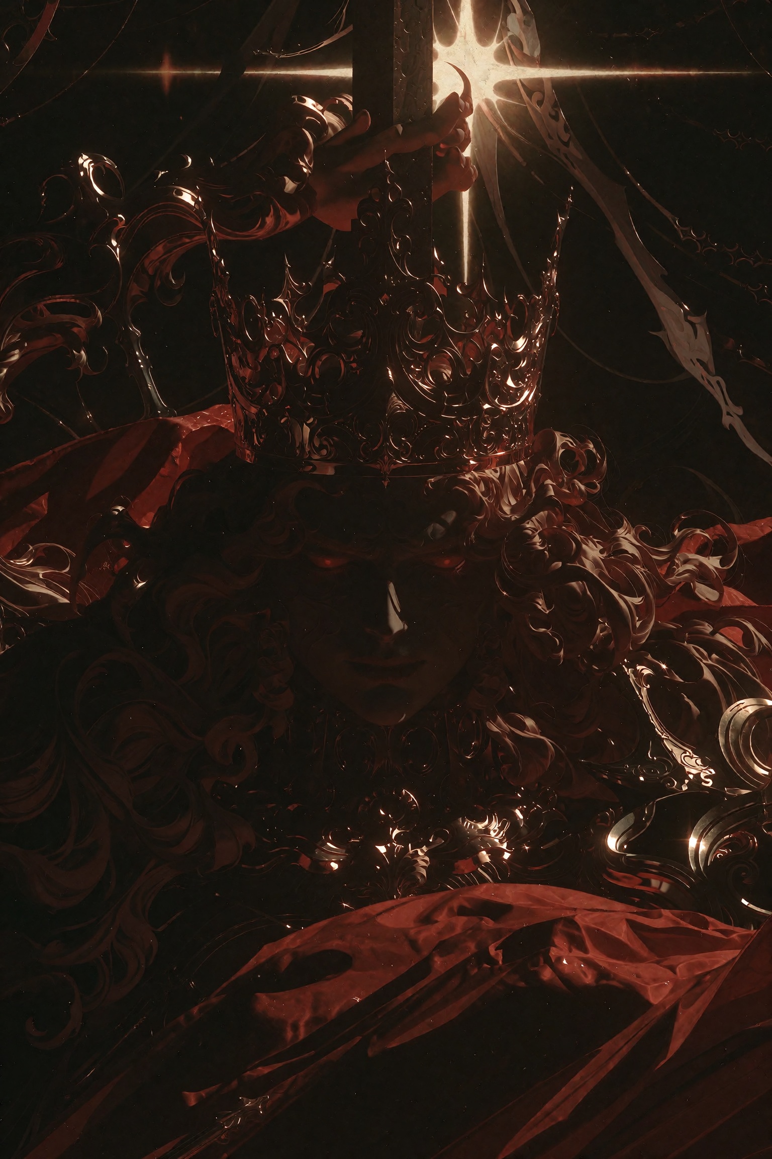 Dark fantasy oil painting of an ominous demonic sovereign during a midnight coronation,  wearing an impossibly ornate baro...