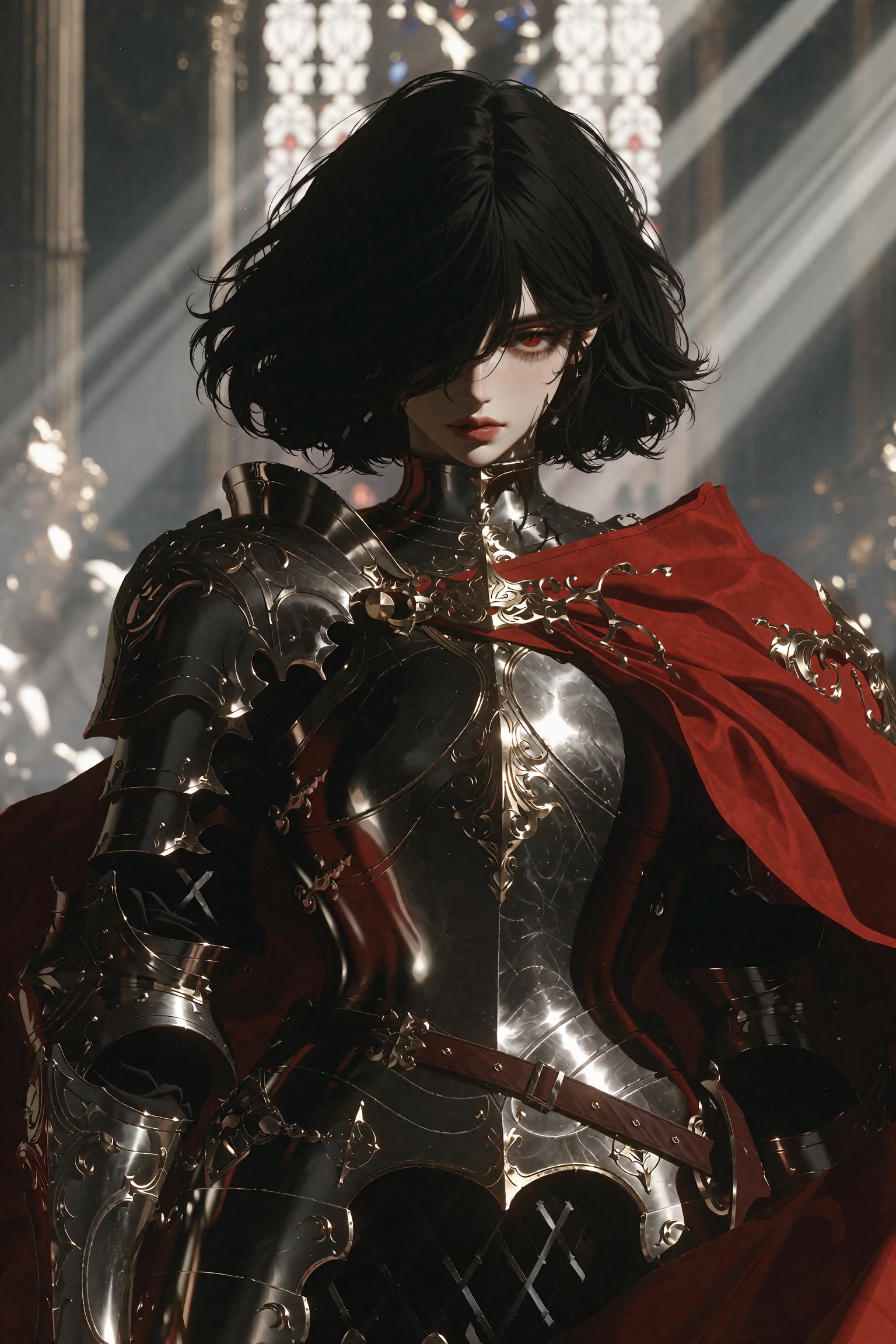A cowboy shot of a female fantasy knight standing inside a cathedral,  looking at the viewer. She is a tomboy with fair sk...