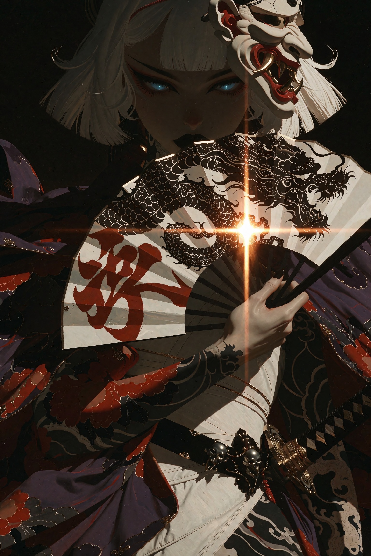 Dark fantasy oil painting of an ominous fierce young woman with a short blunt-cut white bob,  her face mostly concealed in...