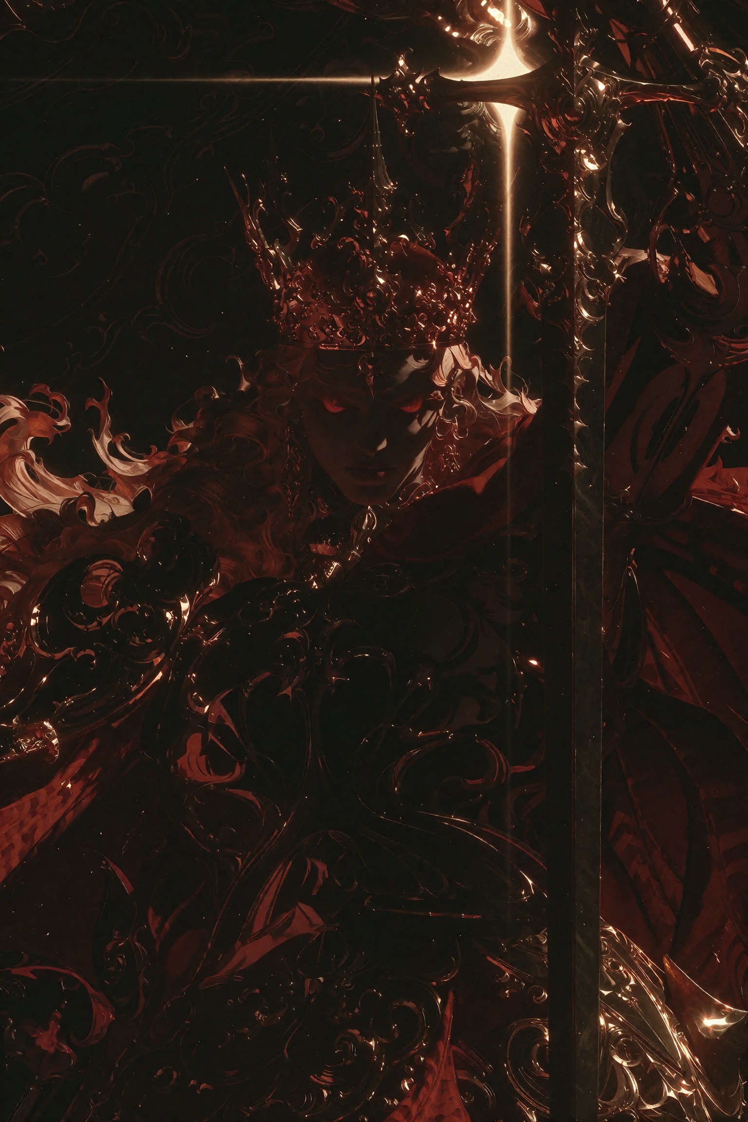 Dark fantasy oil painting of an ominous demonic sovereign during a midnight coronation,  wearing an impossibly ornate baro...