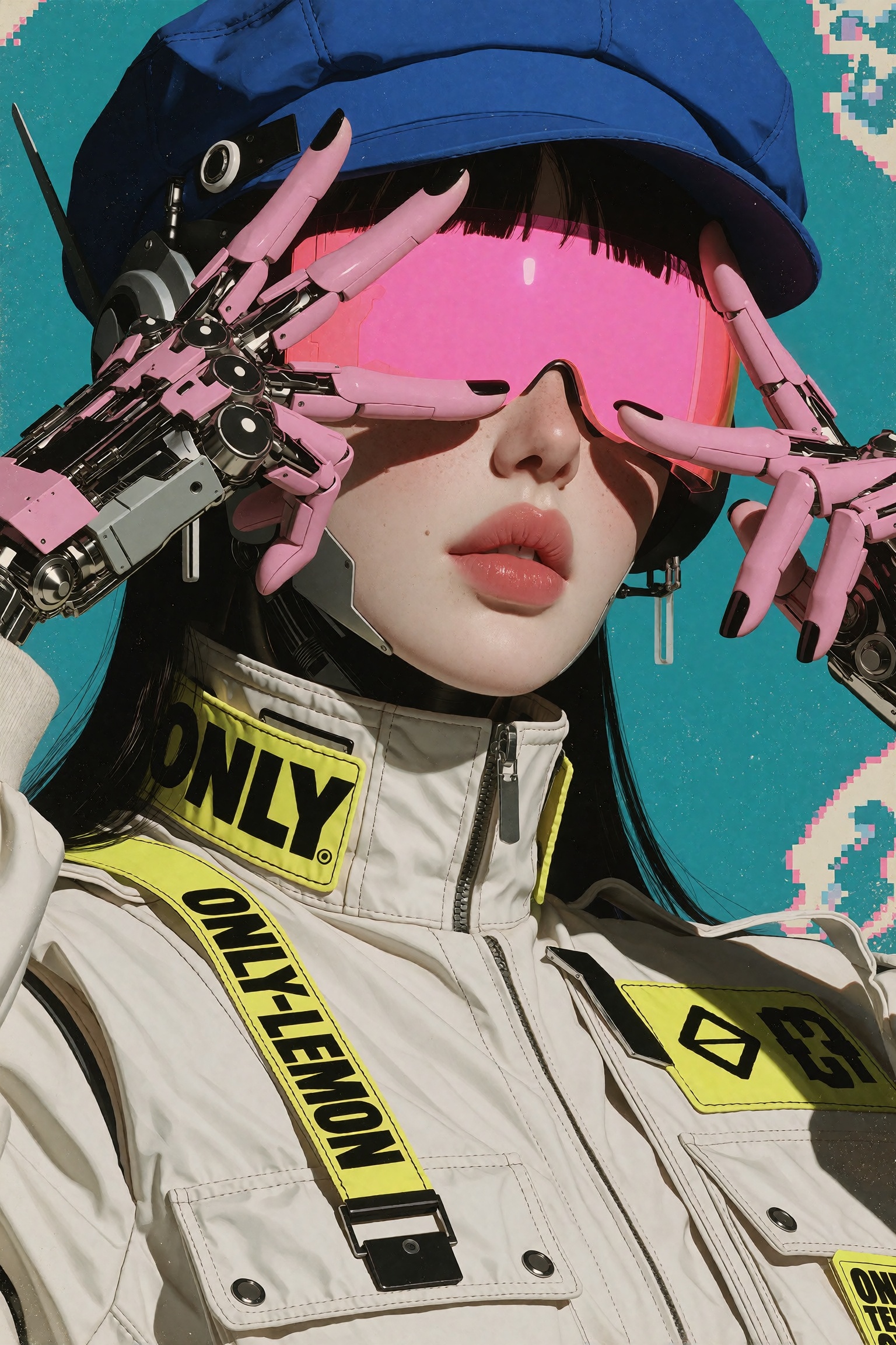 A retro portrait of a cool cyborg posing with a peace sign over their glowing pink visor. The character wears a retro blue...