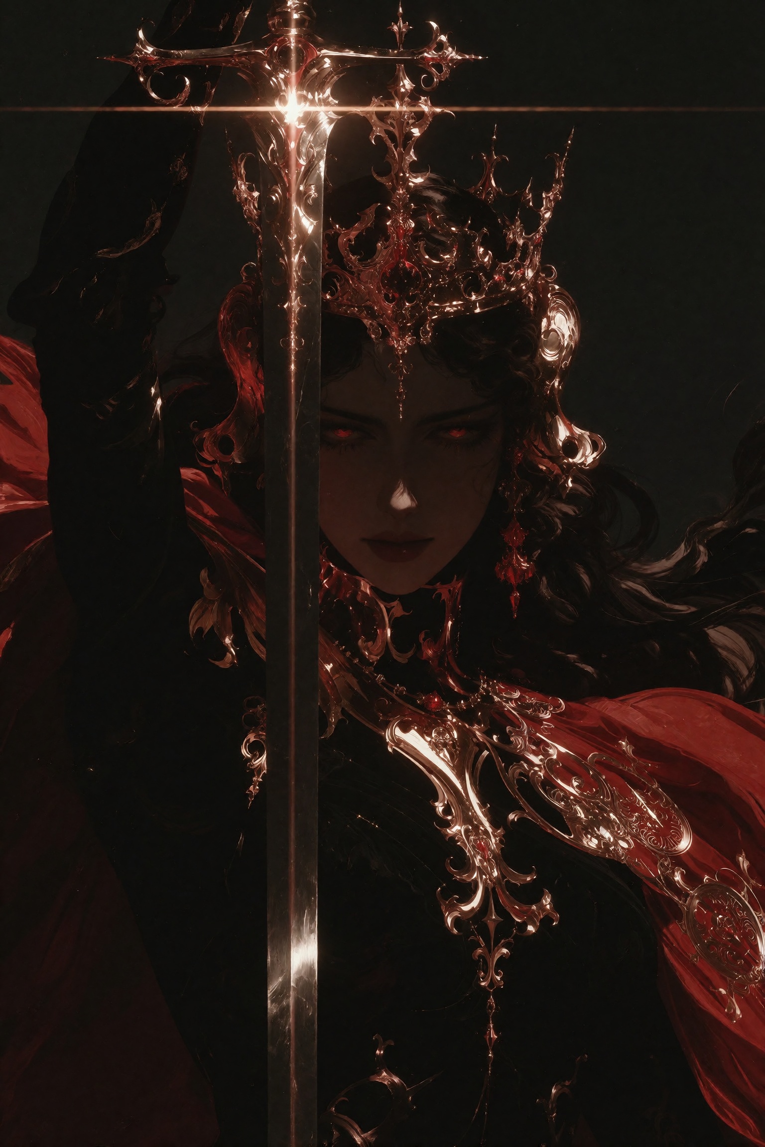 Dark fantasy oil painting of an ominous demonic sovereign during a midnight coronation,  wearing an impossibly ornate baro...