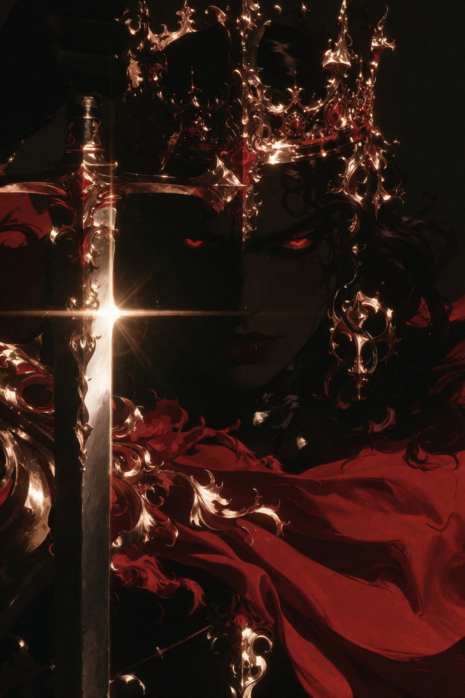 Dark fantasy oil painting of an ominous demonic sovereign wearing an impossibly ornate baroque crown of molten gold and co...