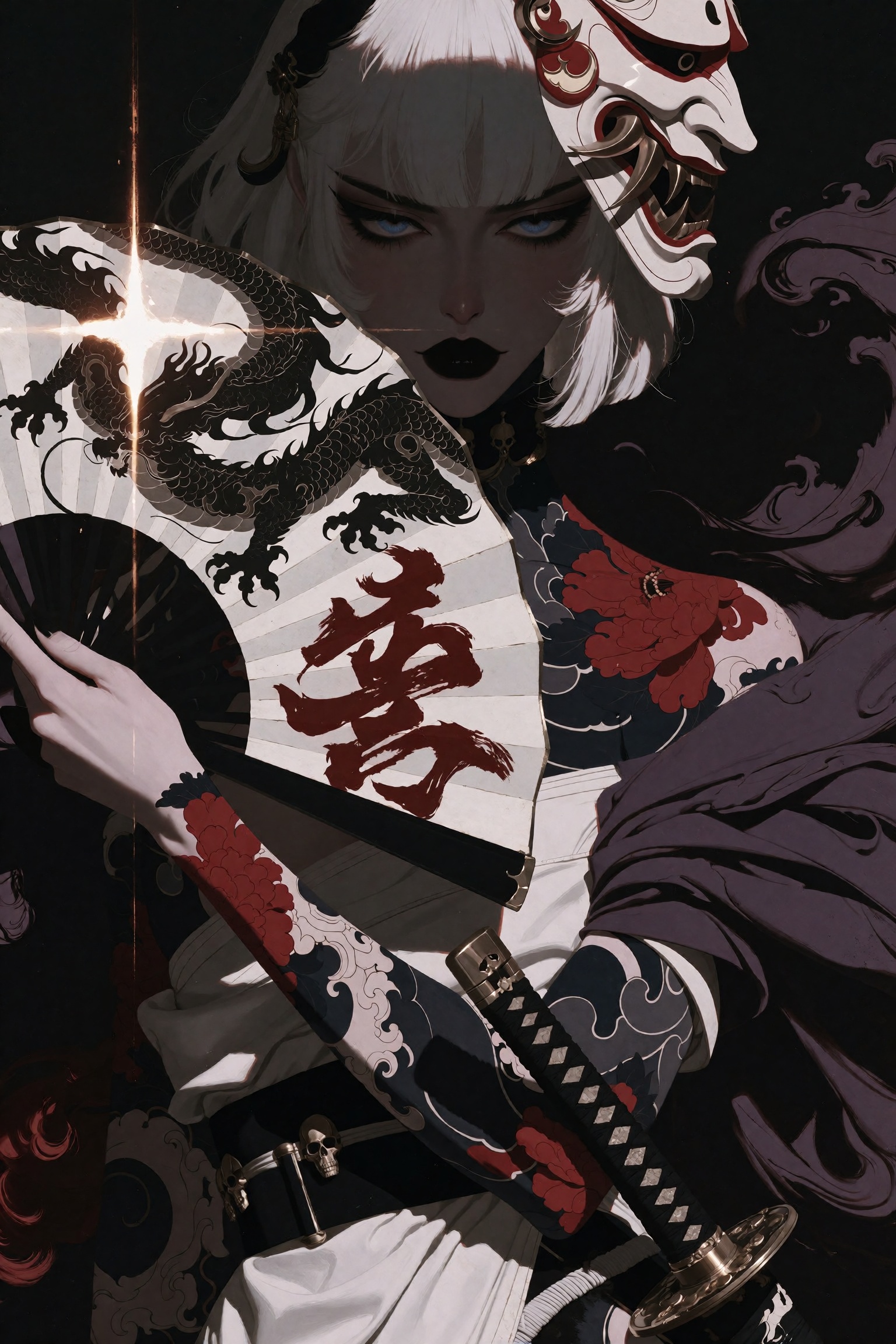 Dark fantasy oil painting of an ominous fierce young woman with a short blunt-cut white bob,  her face mostly concealed in...