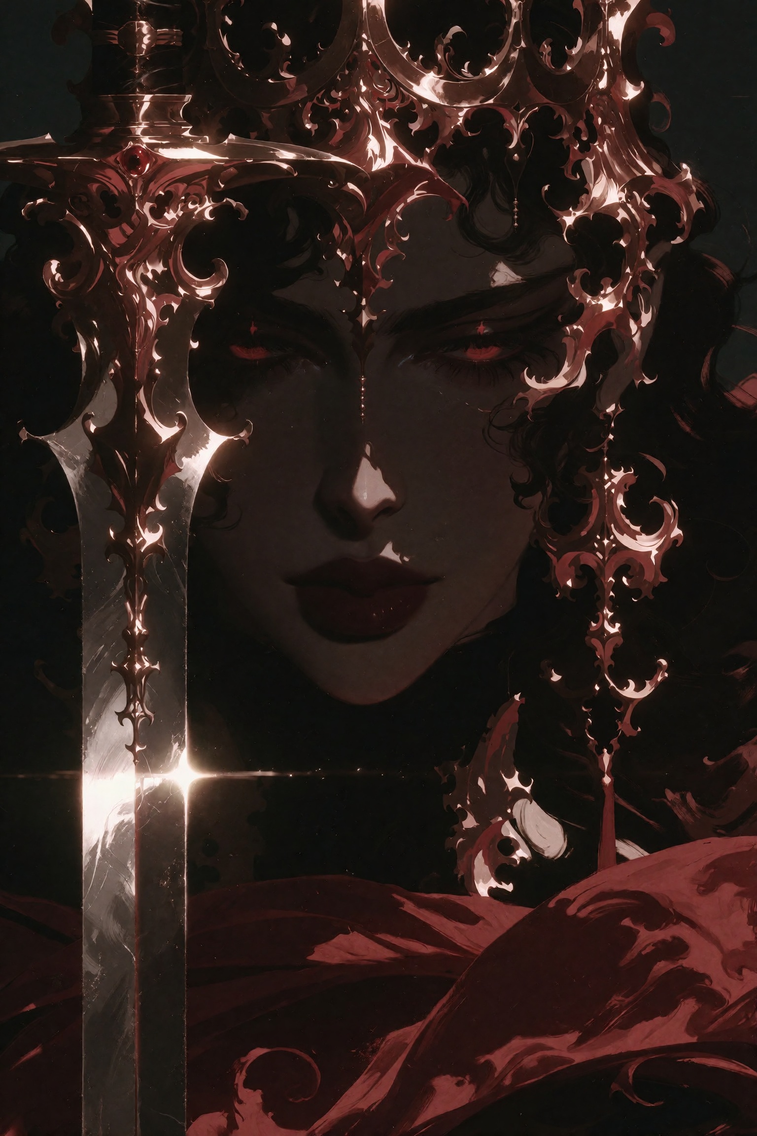 Dark fantasy oil painting of an ominous demonic sovereign wearing an impossibly ornate baroque crown of molten gold and co...