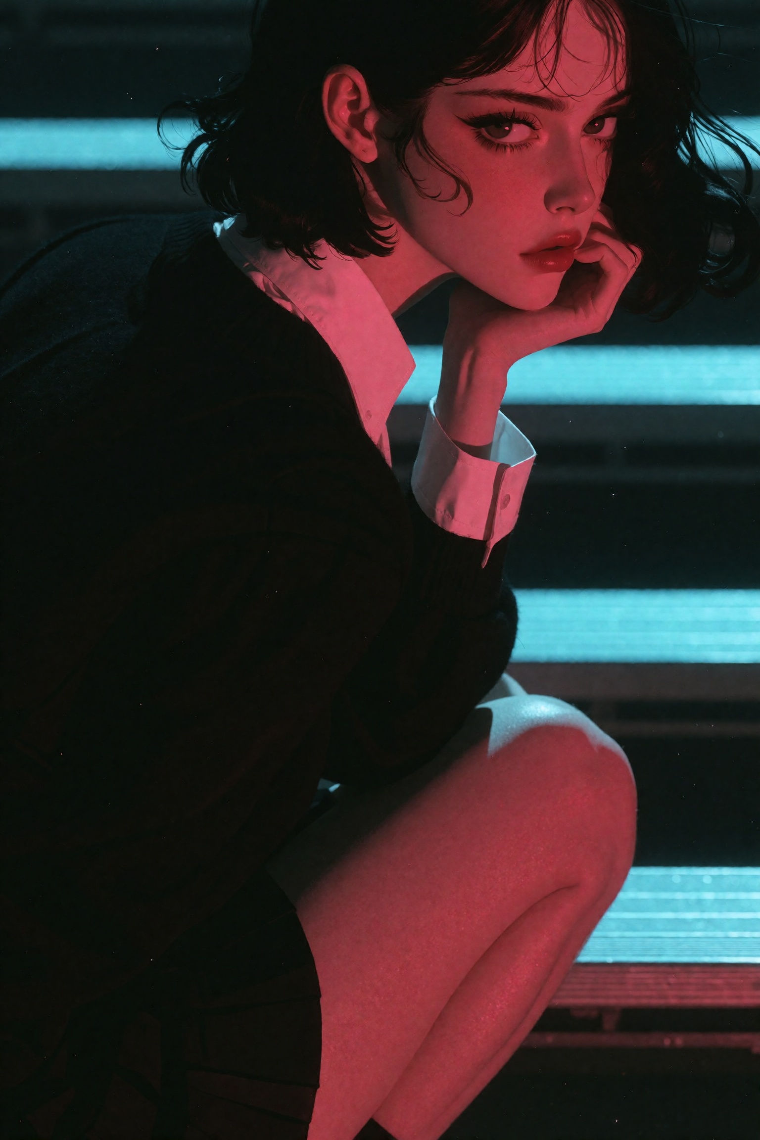 A young woman with a dark bob crouches on slatted bleachers,  glancing over her shoulder,  resting her chin on her hand. S...