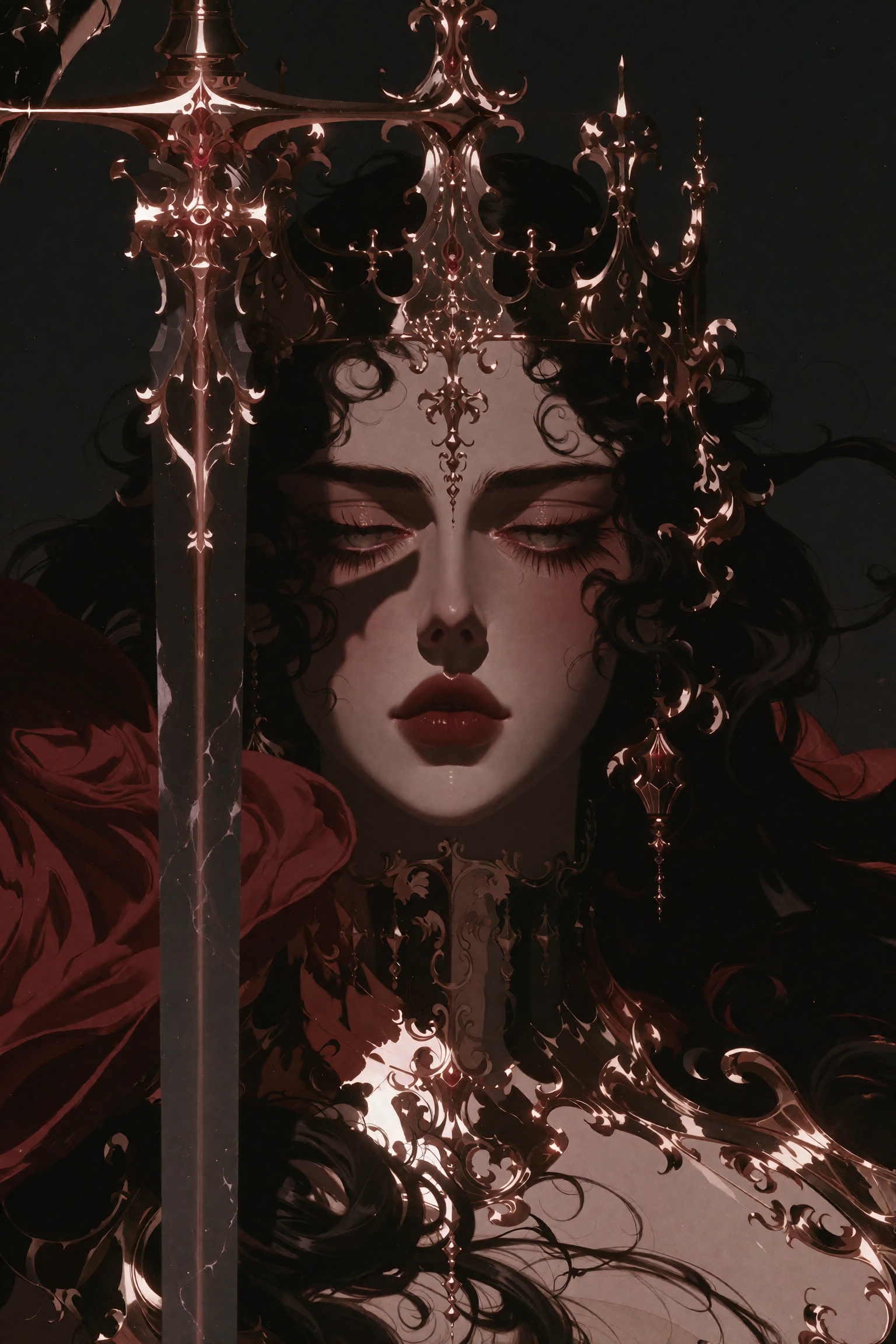Dark fantasy oil painting of an ominous demonic sovereign during a midnight coronation,  wearing an impossibly ornate baro...