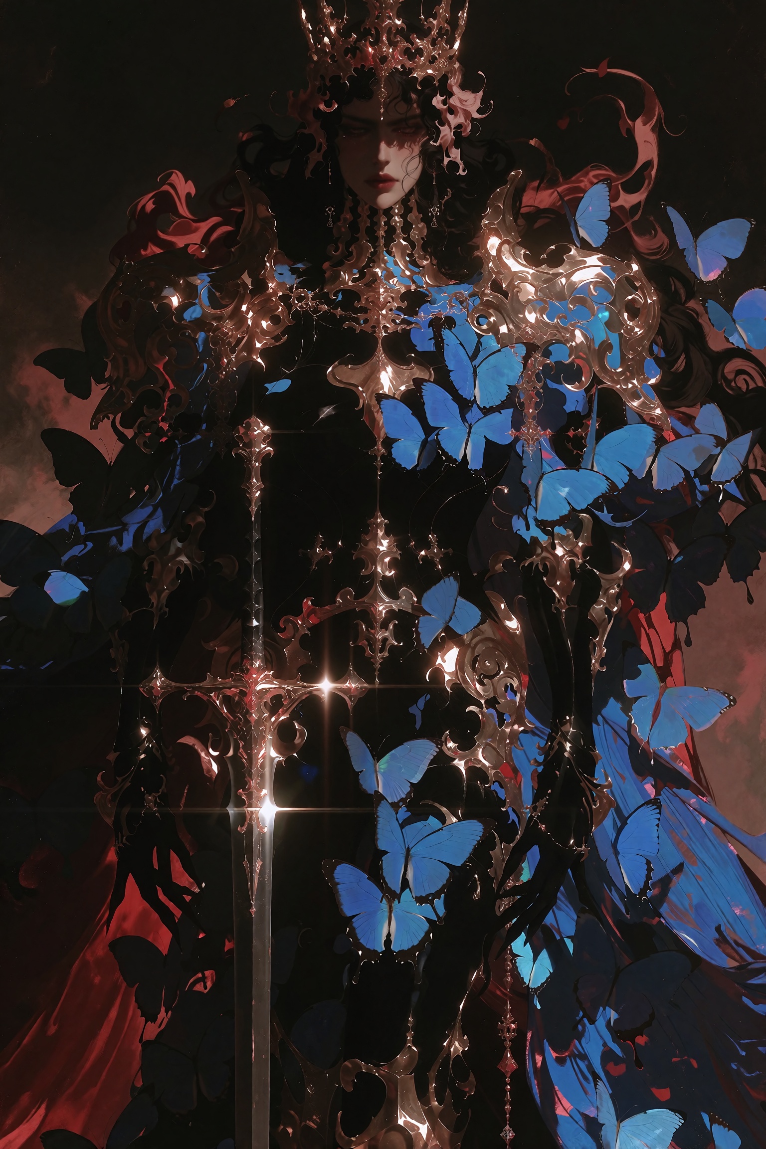 Full body dark fantasy oil painting of an ominous demonic sovereign,  entire figure visible from head to toe,  wearing an...