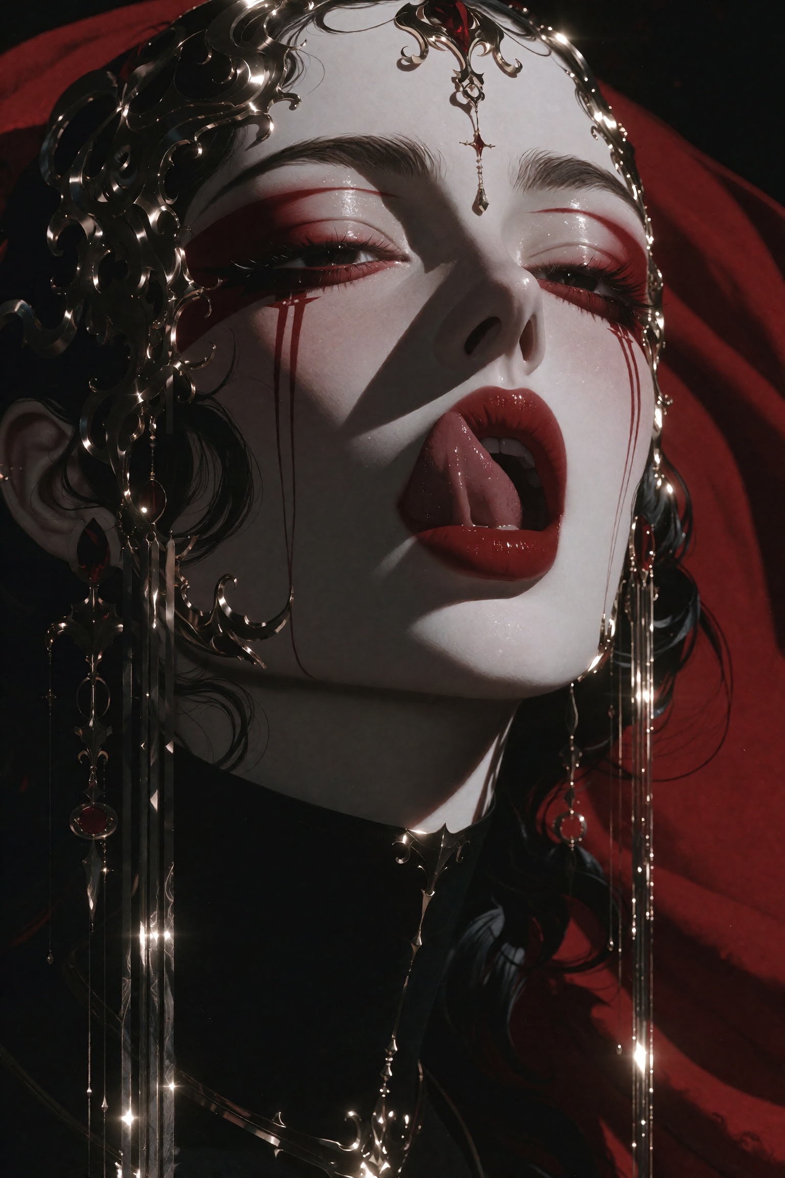 A figure with pale,  smooth skin and dark hair wears an ornate,  glistening headdress composed of intricate gold filigree...