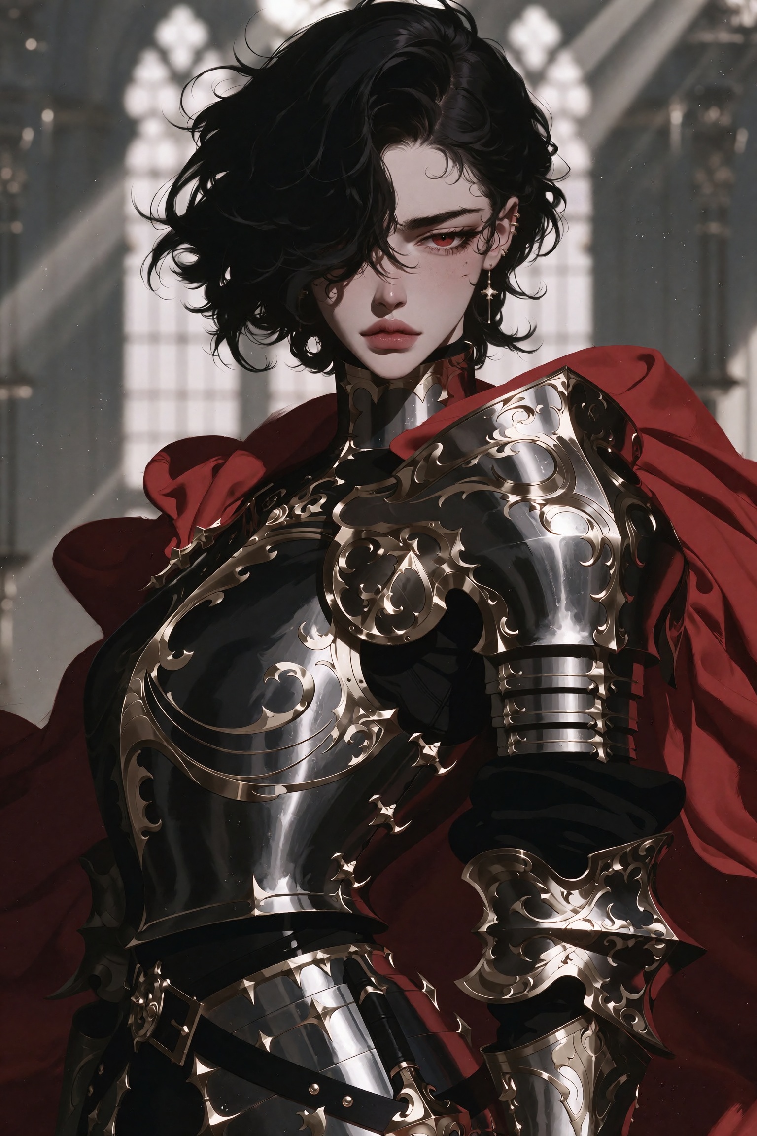 A cowboy shot of a female fantasy knight standing inside a cathedral,  looking at the viewer. She is a tomboy with fair sk...