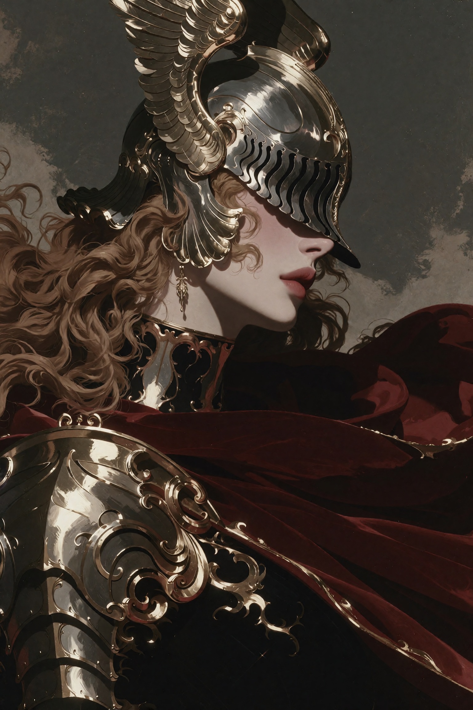 Malenia Blade of Miquella from Elden Ring,  profile portrait,  ornate silver valkyrie helmet with golden feathered wings s...