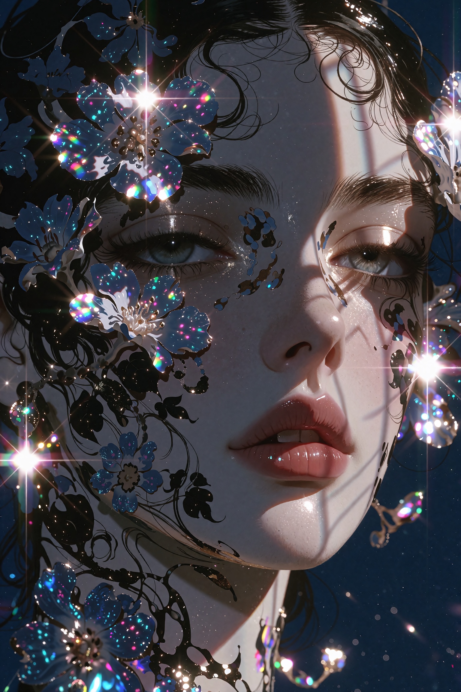A 1990s vintage style portrait of a woman's face partially obscured by dense 3d floral objects,  enveloped in a moody,  no...