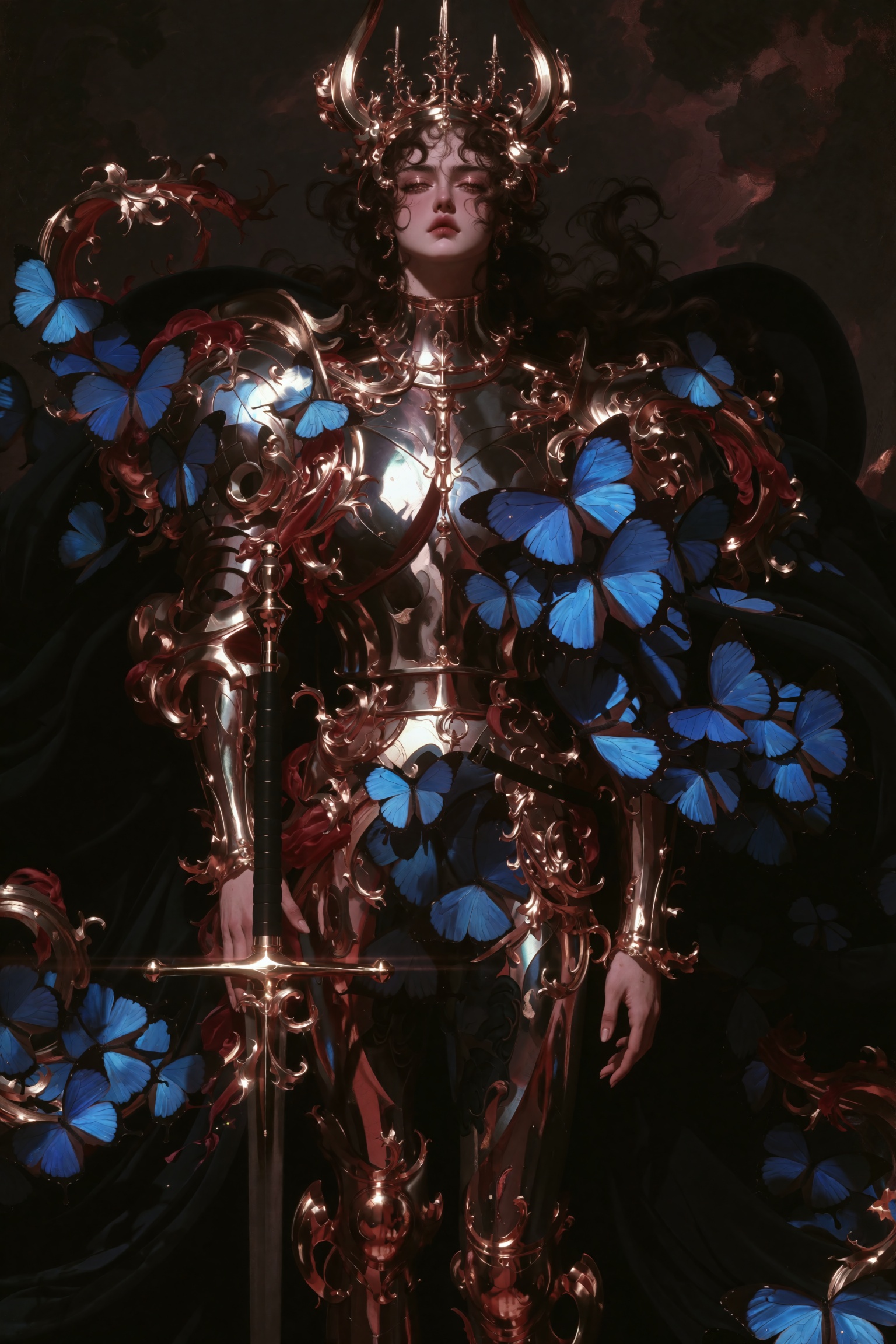 Full body dark fantasy oil painting of an ominous demonic sovereign,  entire figure visible from head to toe,  wearing an...