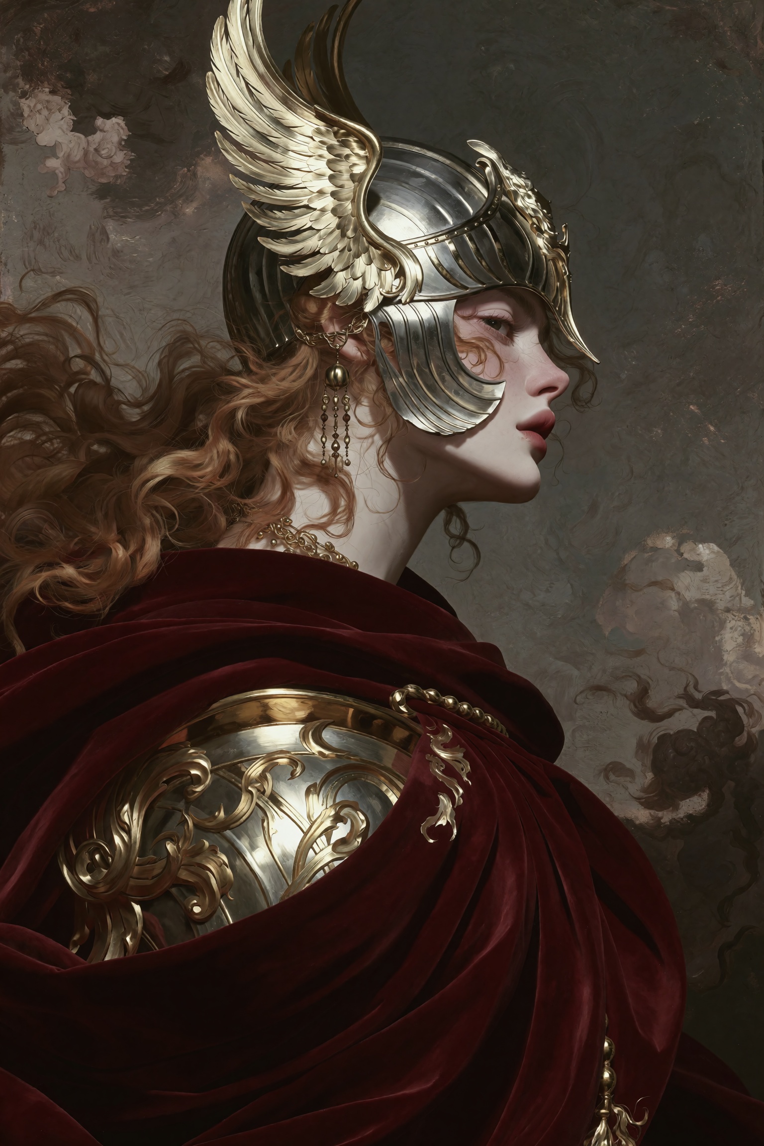 Malenia Blade of Miquella from Elden Ring,  profile portrait,  ornate silver valkyrie helmet with golden feathered wings s...