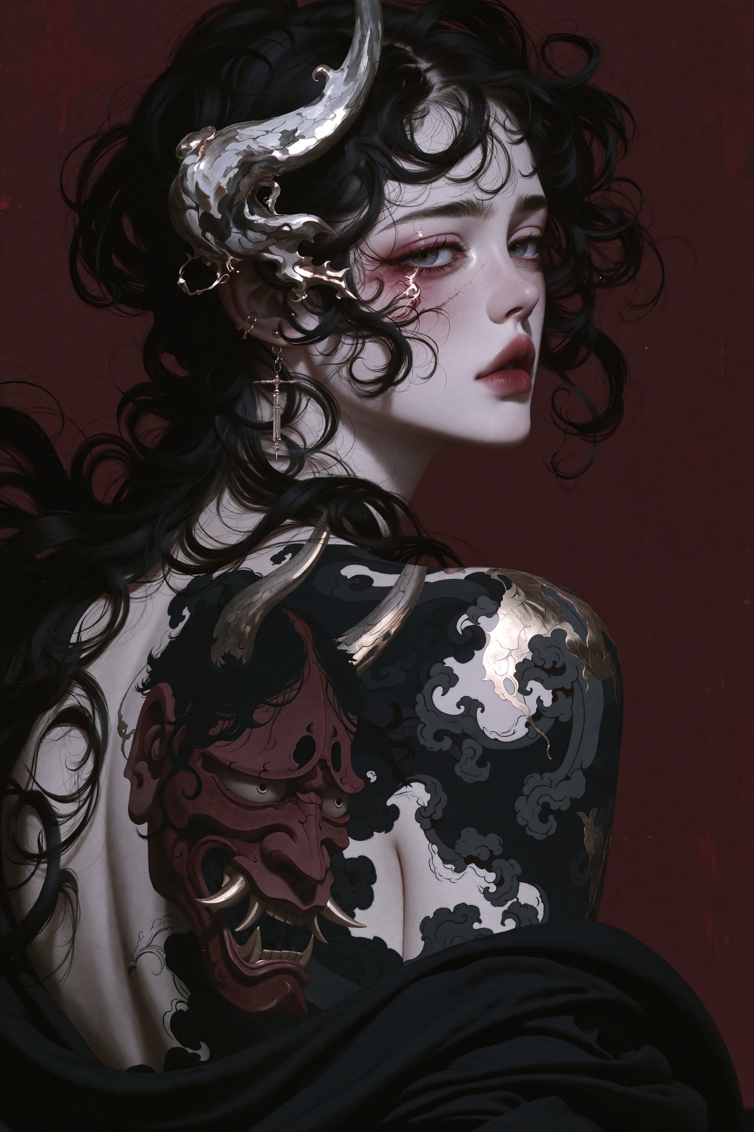 A dark fantasy digital painting of a slender,  ethereal figure with pale porcelain skin looking back over their bare shoul...