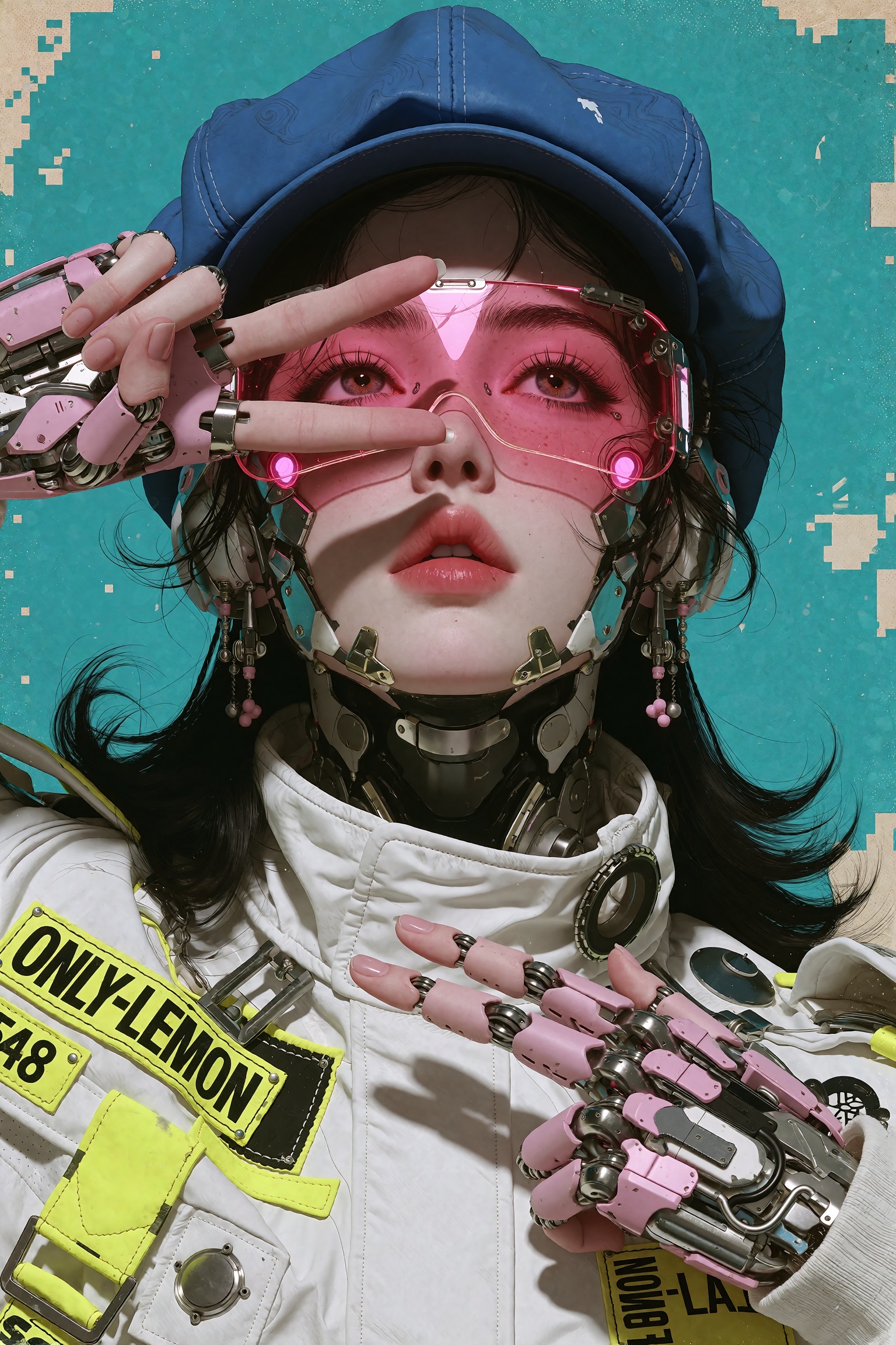 A retro portrait of a cool cyborg posing with a peace sign over their glowing pink visor. The character wears a retro blue...