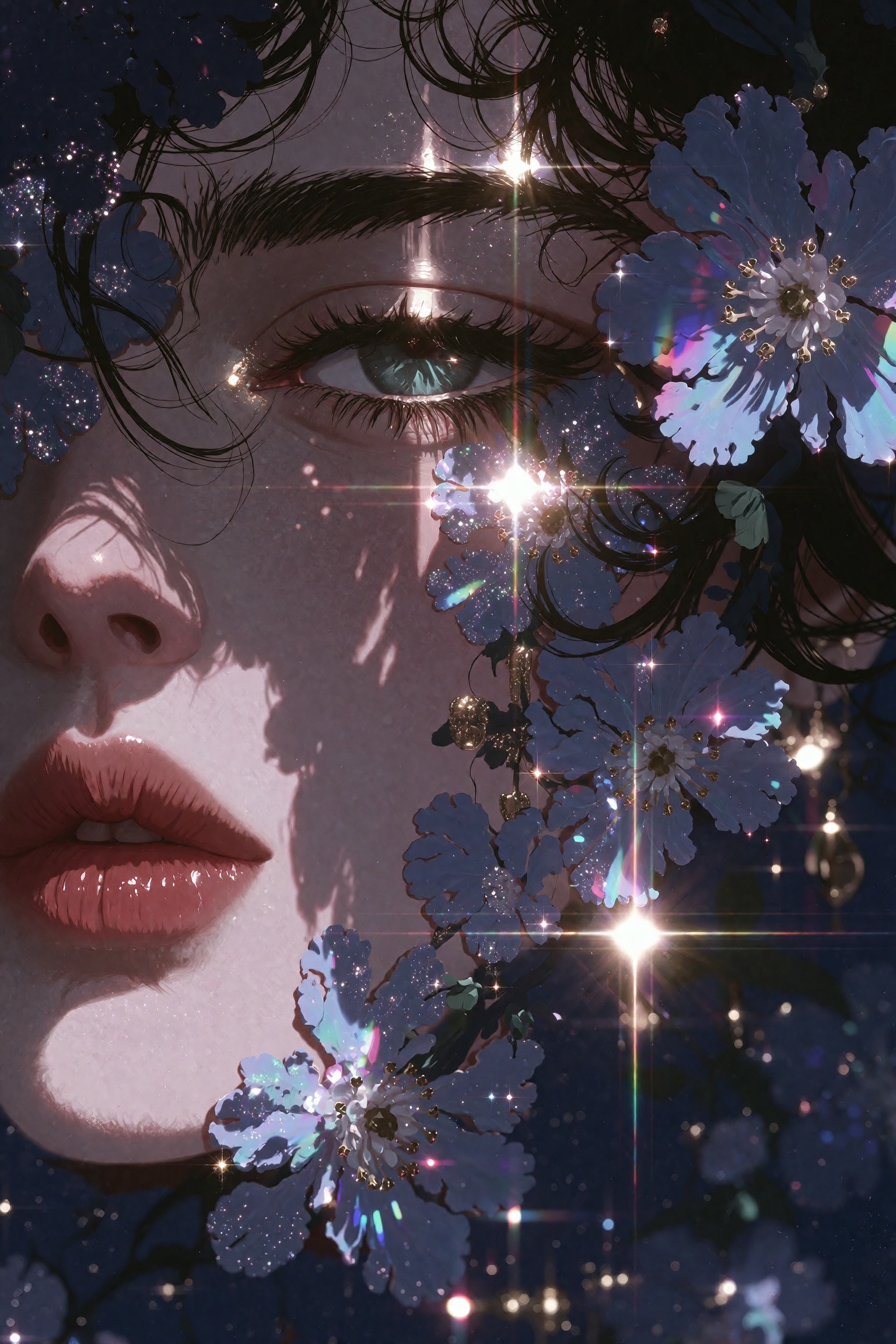 A 1990s vintage style portrait of a woman's face partially obscured by dense 3d floral objects,  enveloped in a moody,  no...