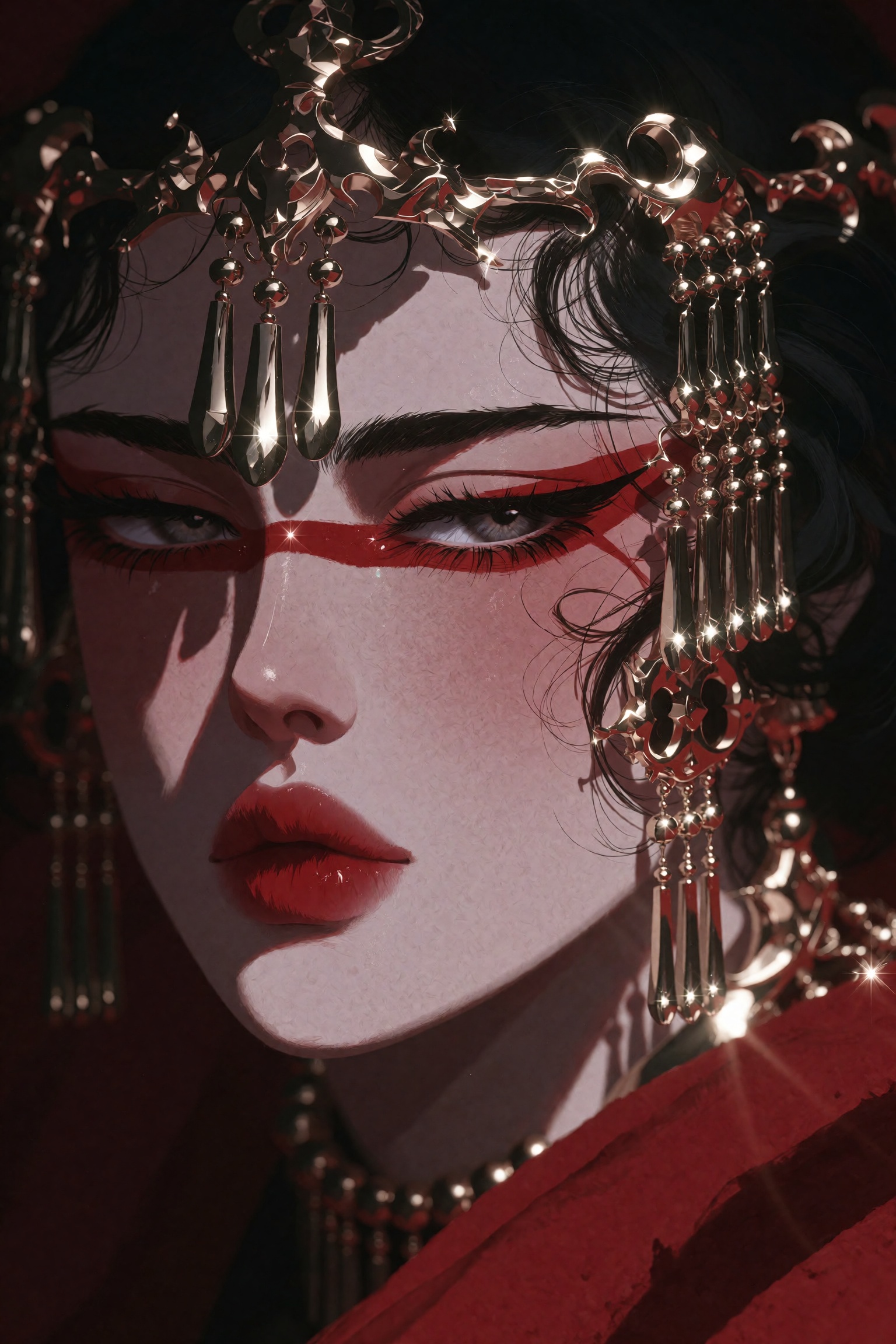 A figure with pale,  smooth skin and dark hair wears an ornate,  glistening headdress composed of intricate gold filigree...
