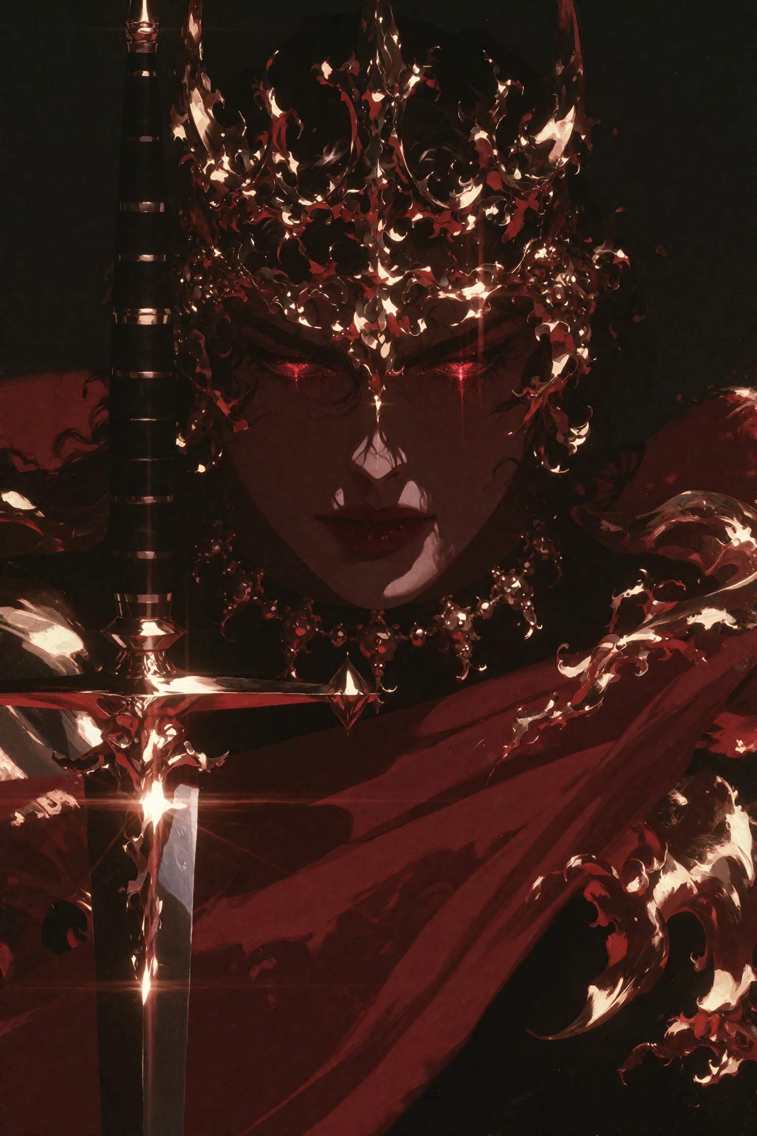 Dark fantasy oil painting of an ominous demonic sovereign wearing an impossibly ornate baroque crown of molten gold and co...