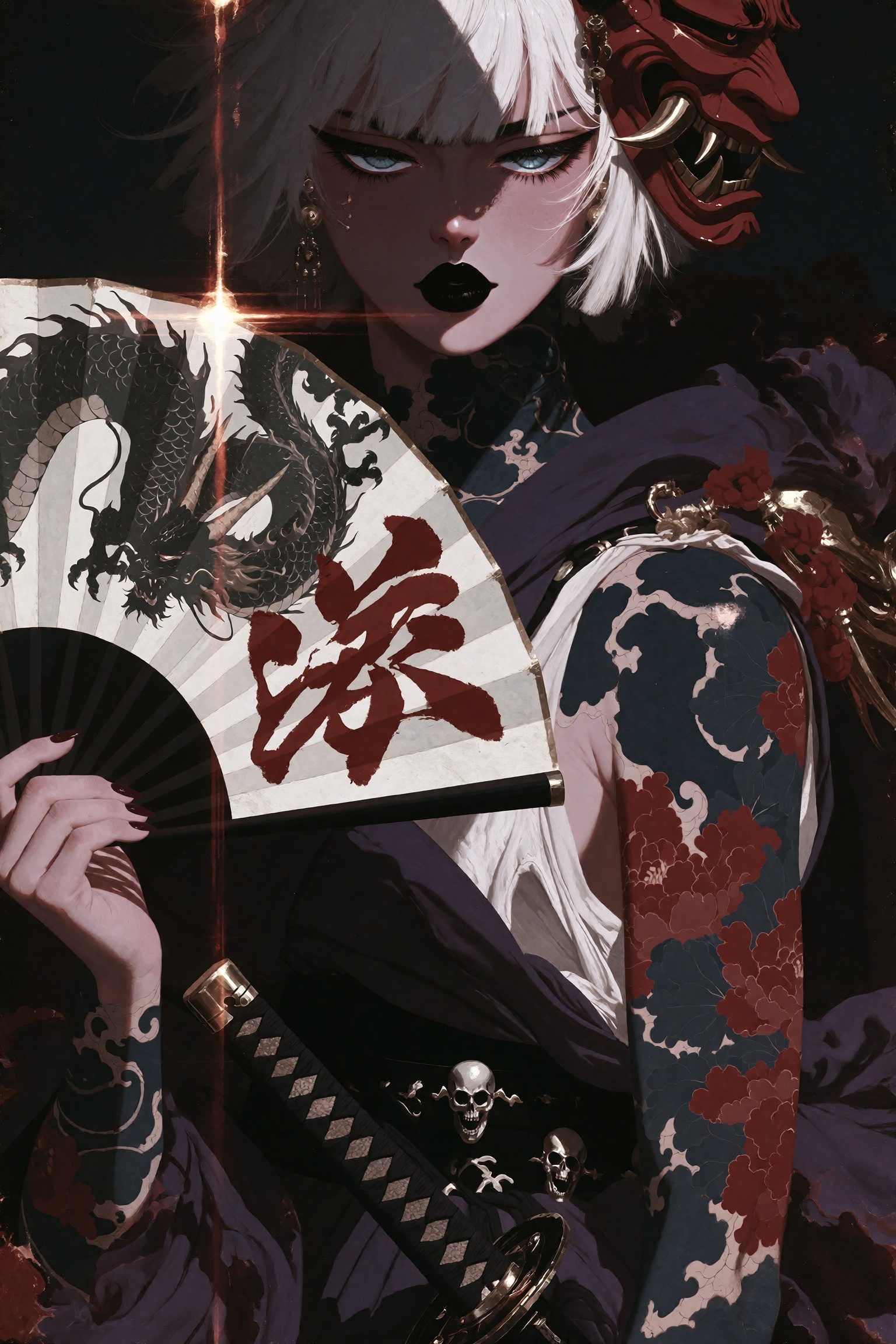 Dark fantasy oil painting of an ominous fierce young woman with a short blunt-cut white bob,  her face mostly concealed in...