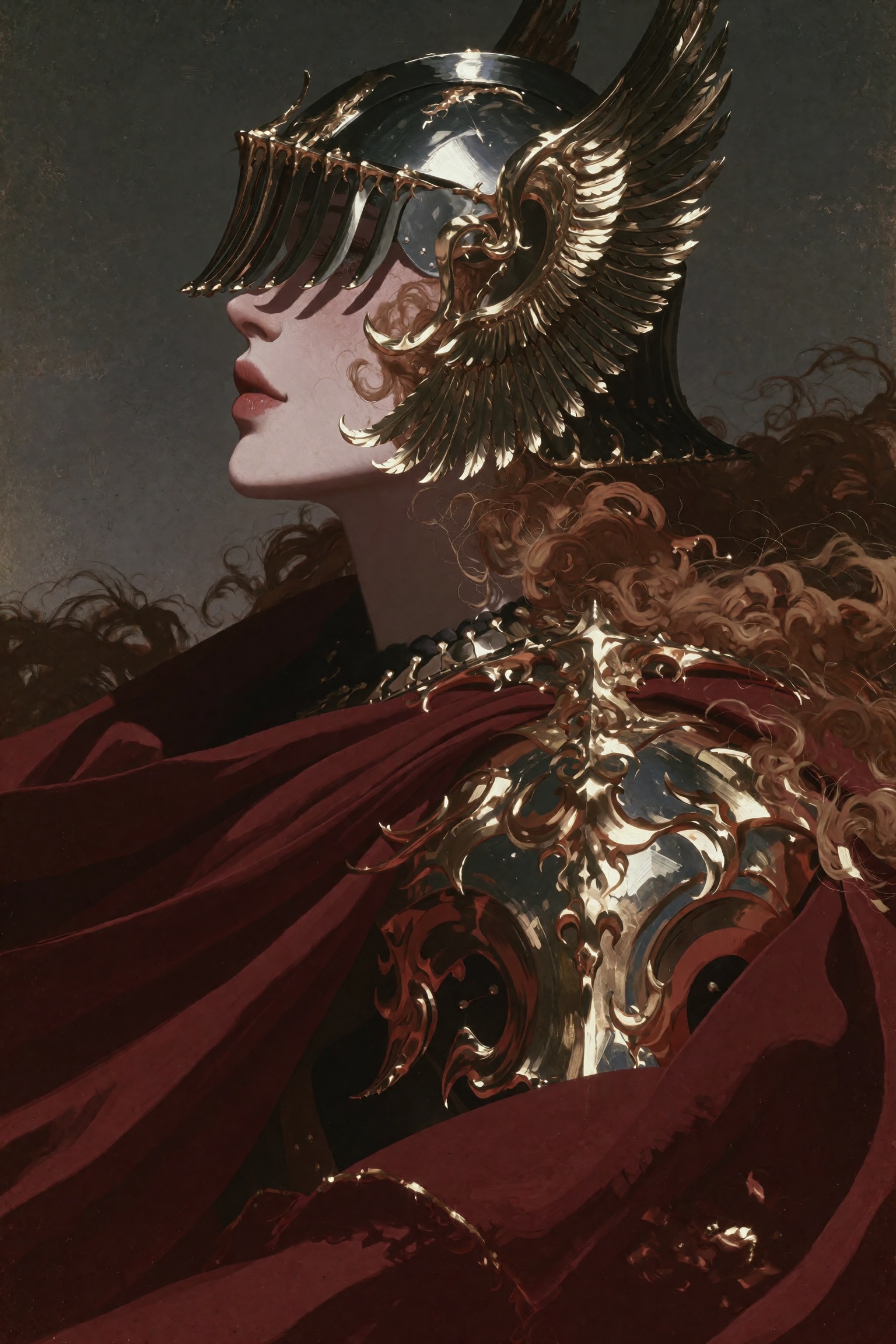 Malenia Blade of Miquella from Elden Ring,  profile portrait,  ornate silver valkyrie helmet with golden feathered wings s...