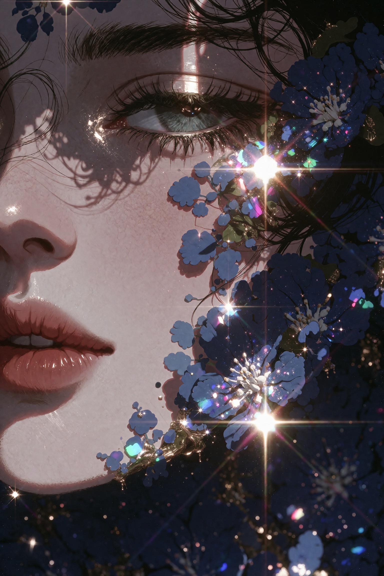 A 1990s vintage style portrait of a woman's face partially obscured by dense 3d floral objects,  enveloped in a moody,  no...